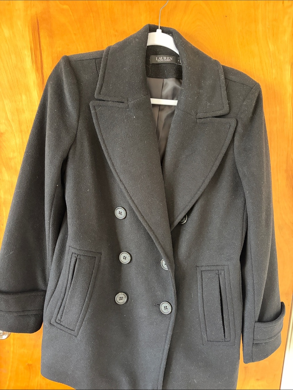 Lauren Ralph Lauren Black Double-Breasted Wool Peacoat 65% Wool